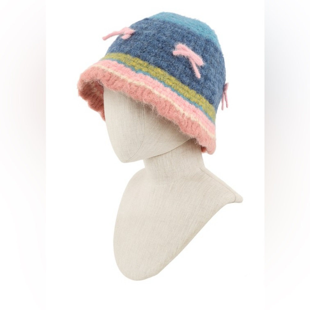 🖤 18A. Knit Ribbon Bucket Hat - Pink/Beige